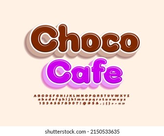 Vector bright Sign Choco Cafe. Stylish 3D Font. Creative Alphabet Letters, Numbers and Symbols set