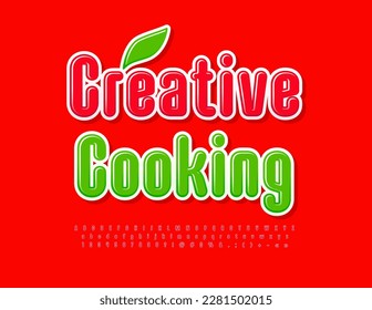 Vector bright sign Creative Cooking with decorative Leaf. Set of bright Alphabet Letters, Numbers and Symbols.  Red modern Font