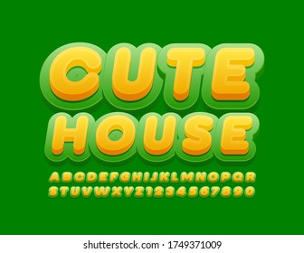 Vector bright sign Cute House with Green and Yellow Font. Modern Alphabet Letters and Numbers