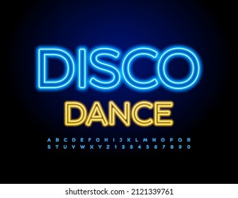 Vector bright sign Disco Dance. Modern Neon Font. Glowing Alphabet Letters and Numbers set