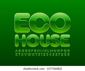 Señal de luz vectorial Eco House. Estilo de letra verde. Letras y números de alfabeto creativos