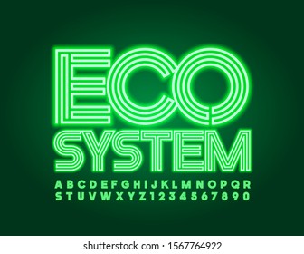 Sistema ecológico de señalización brillante vectorial. Fuente brillante verde. Letras y números de alfabeto neón iluminados.