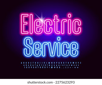 Vector bright sign Electric Service. Blue neon Font. Glowing Alphabet Letters and Numbers set