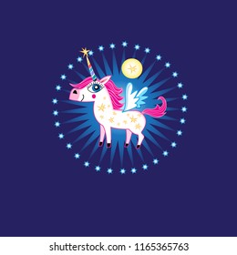 Vector bright sign of a fabulous unicorn on a dark blue background with stars