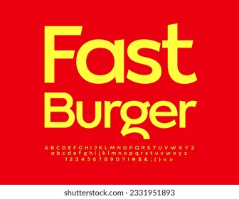 Señal de luz vectorial Fast Burger. Fuente amarilla creativa. Estilo mínimo de letras de alfabeto, números y símbolos