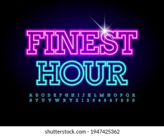 Vector bright Sign Finest Hour with blue Uppercase Font. Neon glowing Alphabet. Illuminated Letters and Numbers set