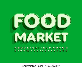 Vector bright sign Food Market. Retro style 3D Font. Artistic Alphabet Letters and Numbers