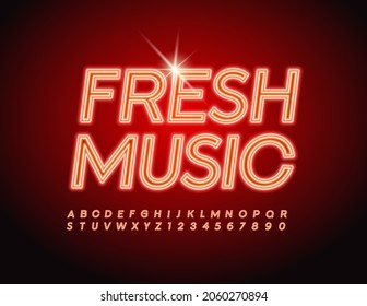 Vector bright Sign Fresh Music.  Neon Font. Glowing Alphabet Letters and Numbers
