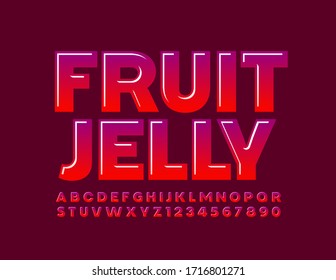 Vector bright sign Fruit Jelly with modern Glossy Font. Red Alphabet Letters and Numbers