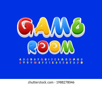 Vector bright sign Game Room with artistic style Font. Colorful set of Alphabet Letters and Numbers