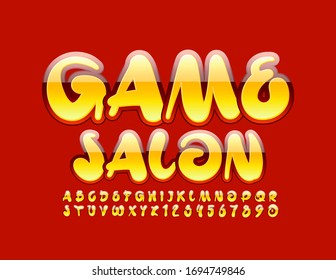 Vector bright sign Game Salon. Yellow and Red Alphabet Letters and Numbers. Glossy creative Font