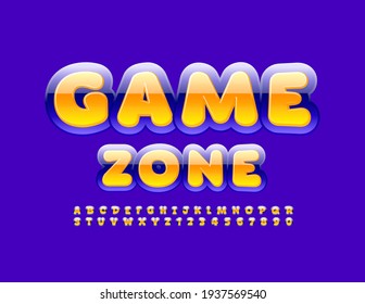 Vector bright sign Game Zone. Glossy Yellow and Purple Font. Creative Alphabet Letters and Numbers set