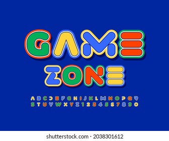 Vector bright sign Game Zone. Abstract style Font. Modern sticker Alphabet Letters and Numbers set