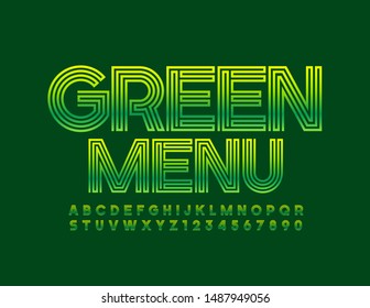 Vector bright Sign Green Menu. Colorful Uppercase Font. Creative Alphabet Letters and Numbers