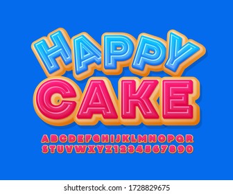 Vector leuchtendes Zeichen Happy Cake mit kreativer Schriftart. Pink Glazed Donut Alphabet Buchstaben und Zahlen