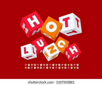 Vector bright sign Hot Lunch with playful 3D Alphabet Letters and Numbers set. Cubic shaped Font