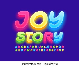 Vector bright sign Joy Story. Creative glowing Font. Colorful Alphabet Letters and Numbers