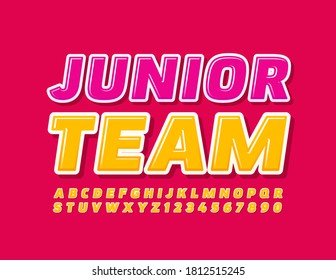 Vector bright sign Junior Team. Yellow creative Font. Kids style Alphabet Letters and Numbers set