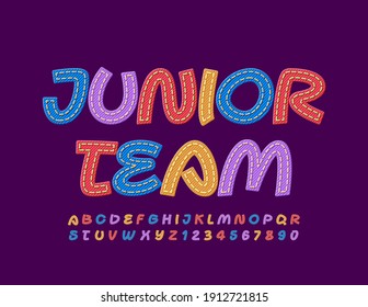 Vector bright sign Junior Team. Creative denim Font. Colorful Jeans Alphabet Letters and Numbers set