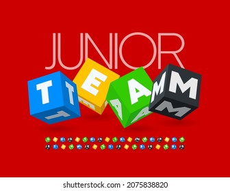 Vector bright sign Junior Team with 3D colorful Font. Cubic style Alphabet Letters and Numbers set