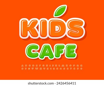 Vector signo brillante Kids Café con hoja decorativa. Cute orange Font. Conjunto de letras y números de alfabeto de estilo moderno