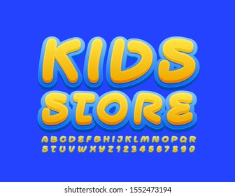 Vector bright sign Kids Store. Yellow and Blue handwritten Font. Creative Alphabet Letters and Numbers set