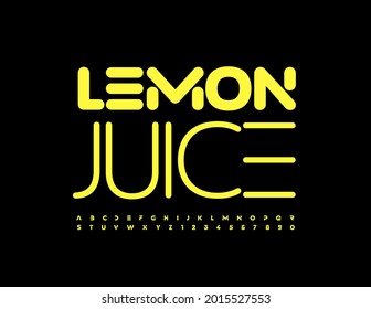 Vector bright sign Lemon Juice. Trendy Yellow Font. Techno style set of Alphabet Letters and Numbers