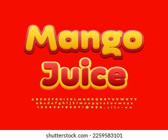 Vector bright Sign Mango Juice. Yellow and Red creative Font. Modern Alphabet Letters and Numbers