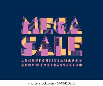 Vector bright Sign Mega Sale. Pop art Font. Uppercase stylish Alphabet Letters and Numbers