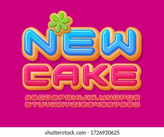 Vector bright sign New Cake with decorative Flower. Tasty Donut Font. Sweet Alphabet Letters and Numbers