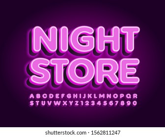 Vector bright sign Night Store with Glowing violet Alphabet Letters and Number. Electric Uppercase Font