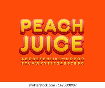 Señal de luz vectorial Jugo de Peach. Letras y números alfabetos rojos y anaranjados. Tipo de letra superior moderno
