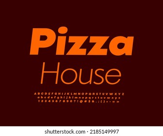 Casa de Pizza con letrero brillante vectorial.  Fuente naranja elegante. Conjunto de letras y números alfabéticos creativos