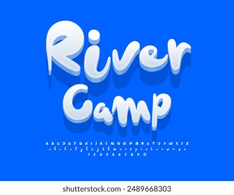 Vector bright sign River Camp. Funny White Font. Playful set of cool Alphabet Letters and Numbers.