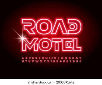 Señal de luz vectorial Road Motel. Conjunto de letras y números del alfabeto neón rojo. Fuente futurista brillante