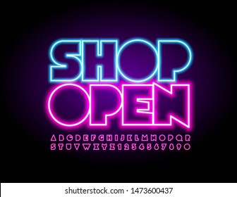 Vector Bright Sign Shop Open With Pink Uppercase Font. Neon Glowing Alphabet. Illuminated Letters And Numbers Set