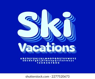 Vector bright Sign Ski Vacations. 3D layered Font. Trendy style Alphabet Letters, Numbers and Symbols set