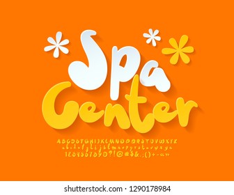 Vector bright Sign Spa Center. Cute yellow Font. Set of handwritten Alphabet Letters, Numbers and Symbols.