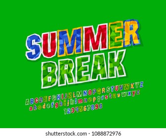 Vector bright sign Summer break. Crumpled paper Font. Sticker Alphabet Letters, Numbers and Symbols