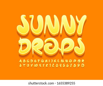 Signo luminoso de vector Sunny Drops. Fuente manuscrita amarilla. Letras y números de alfabeto luminosos y creativos