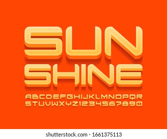 Signo luminoso del vector Sunshine con fuente 3D. Letras y números de alfabeto de moda