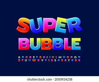 Signo brillante vectorial super burbuja. Fuente brillante colorida. Letras, números y símbolos dulces de alfabeto.