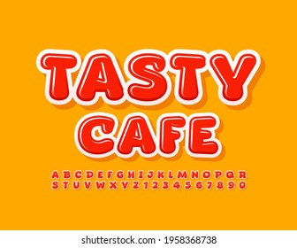 Señal de luz vectorial Tasty Cafe. Color rojo brillante. Conjunto de letras y números de alfabeto moderno