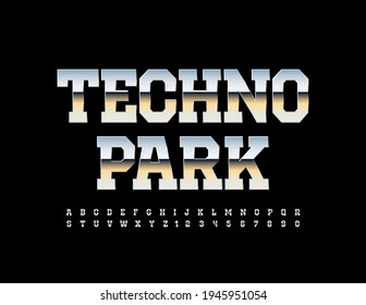 Vector bright Sign Techno Park. Gradient metallic Font. Glossy chrome reflective Alphabet Letters and Numbers set
