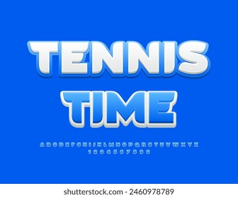 Vector signo brillante Tennis Time. Elegante fuente azul y blanca. Conjunto de letras y números de alfabeto brillante.