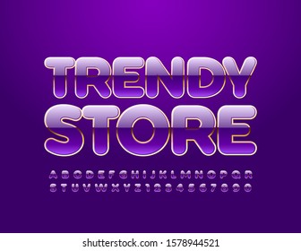 Tienda de moda con señas de luz vectorial. Violeta elegante y letra dorada. Letras y números de alfabeto creativos.
