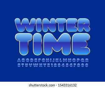 Vector bright Sign Winter Time. Stylish Blue and Golden Font. Creative Alphabet Letters and Numbers