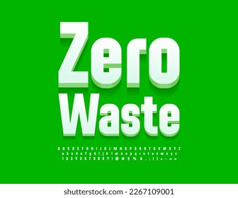 Vector bright Sign Zero Waste. White 3D Font. Modern Alphabet Letters, Numbers and Symbols set.