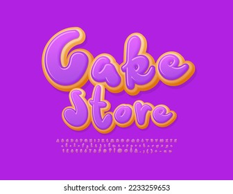 Vector bright Signboard Cake Store.  Sweet Donut Font. Funny handwritten Alphabet Letters and Numbers set