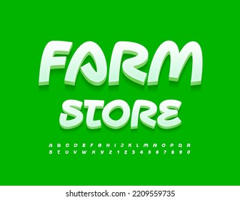 Vector bright Signboard Farm Store.  Handwritten white Alphabet Letters and Numbers set. Modern 3D Font